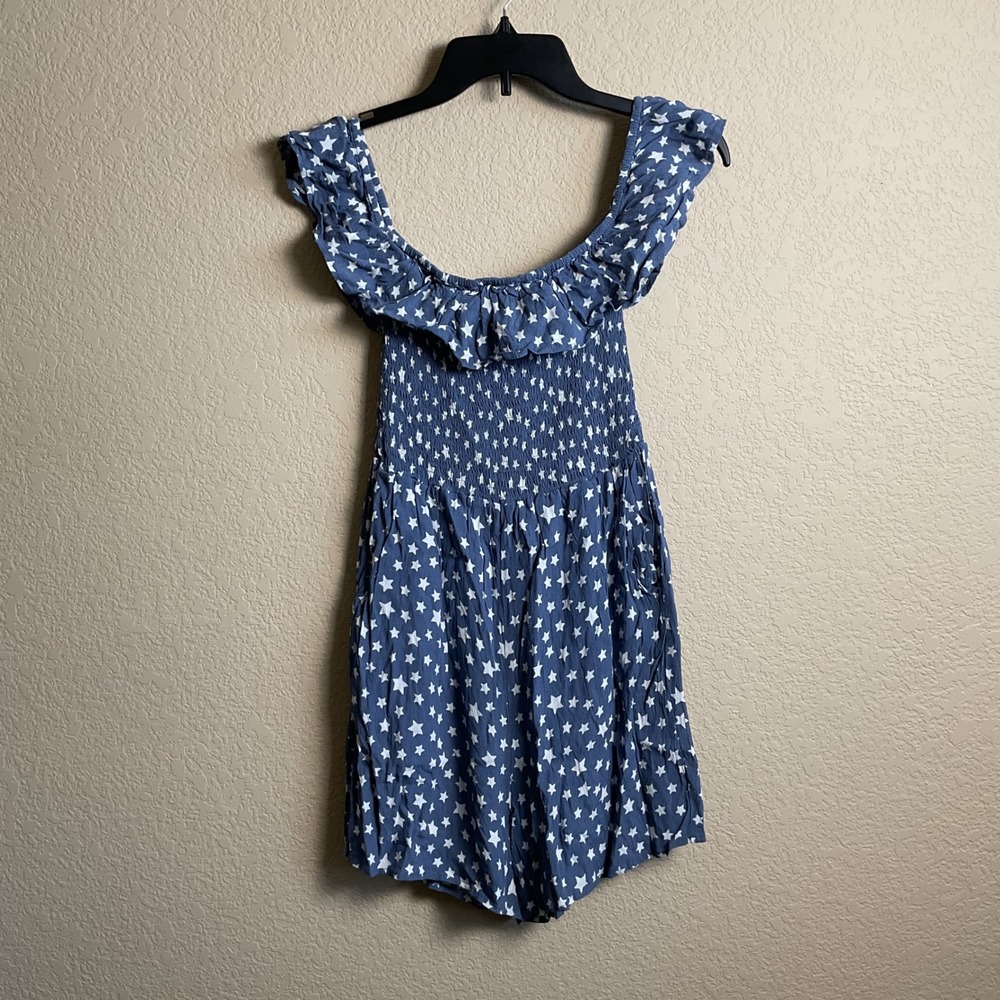 Promesa Womens Small Blue Star Smocked Off Shoulder Romper 4th Of July Pockets